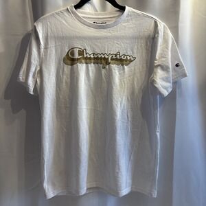 White with Champion Brown Logo T-shirt Size XL 18-20 Short Sleeve Crew Neck